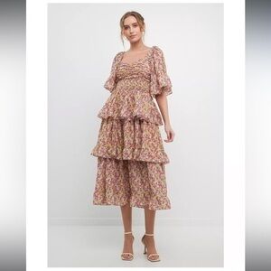New ▶️ FREE THE ROSES ◀️ Floral Smocked Ruffle Tiered Midi Dress